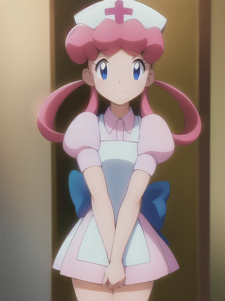 1girl,Nurse Joy, pink hair, rolled bangs, looped low twintails, blue eyes, nurse cap, pink shirt, puffy sleeves, pink skirt, white apron, white back ribbon,