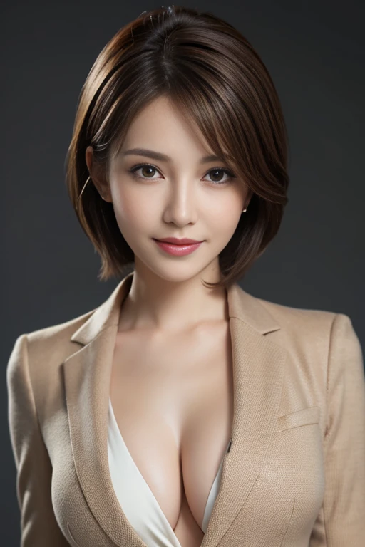 Tabletop, Highest quality, Realistic, Very detailed, finely, High resolution, 8k wallpaper, One beautiful woman,, Light brown short hair, Wear a business suit, Sharp focus, Perfect dynamic composition, Beautiful and detailed, Thin Hair, Detailed Realistic skin texture, smile, Close-up portrait, Model body type,Cleavage