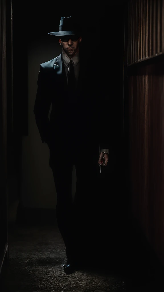 Indifferent killer, stalks his prey in the shadows, eyes glow with malice, slender male, mobster mixed with goth style