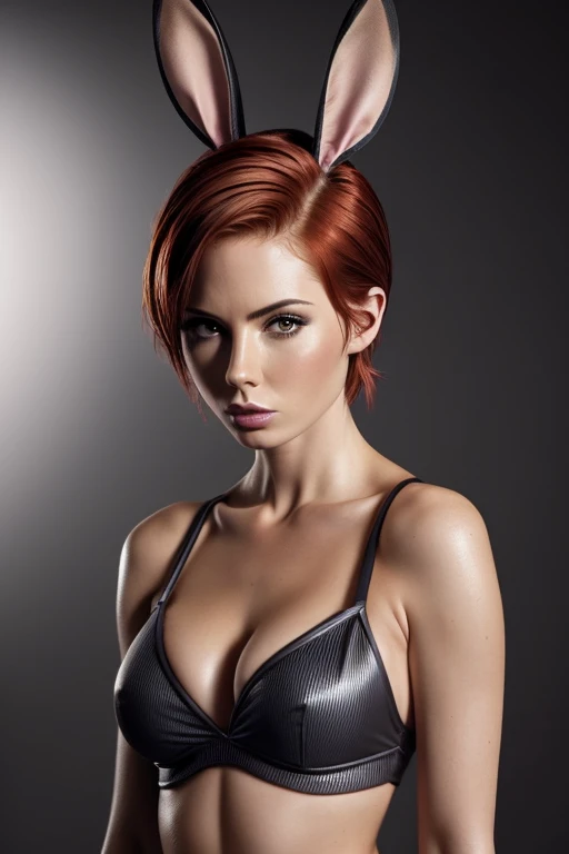 Gorgeous european woman with very short pixie hairstyle, wet hair, hair slicked back, combed straight back, slick hair, streaked auburn hair, seductive pose, karen gillan, dressed in a revealing playboy bunny costume, bunny ears, cleavage, solid dark grey background