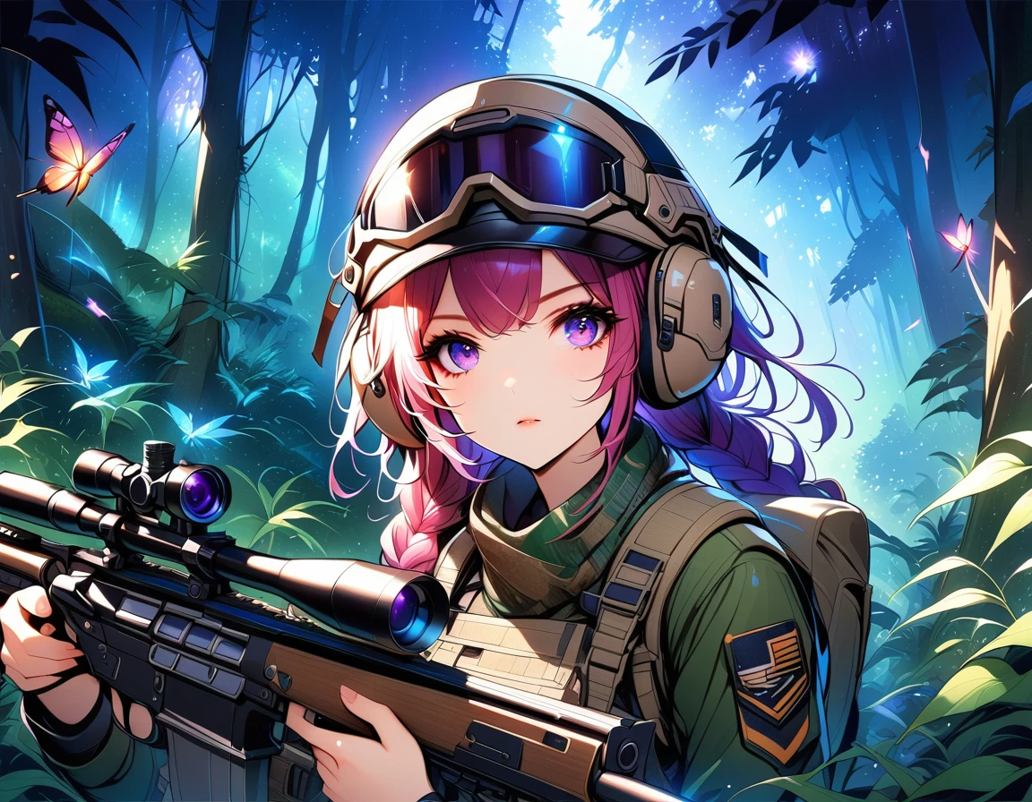 A female sniper,Octetopter, Intricate details, Highly detailed military uniform, Delicate face, beautiful eyes, Long eyelashes, Determine the expression, Holding, In a forest environment, Sunlight through the trees, light, Vibrant colors, Drama, masterpiece,Aim the lens