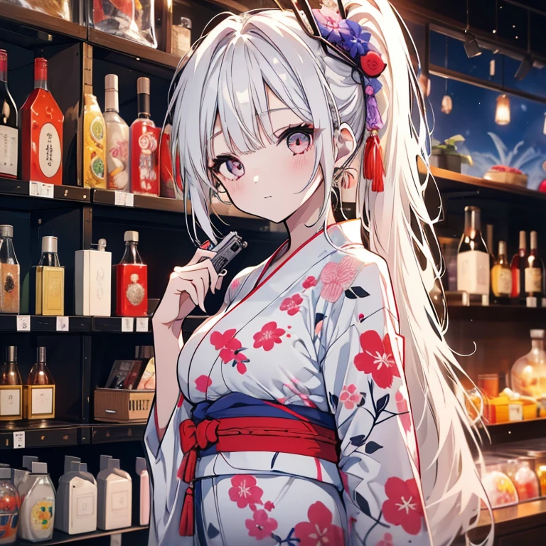 1 girl、Mature、Ample breasts、Long Hair、White Hair、ponytail、ハイponytail、yukata、蝶の模様のyukata、Shooting gallery、Hold a gun、Close one eye、A shelf decorated with teddy bears、night、firework、fair、Alluring、High resolution、Highest quality