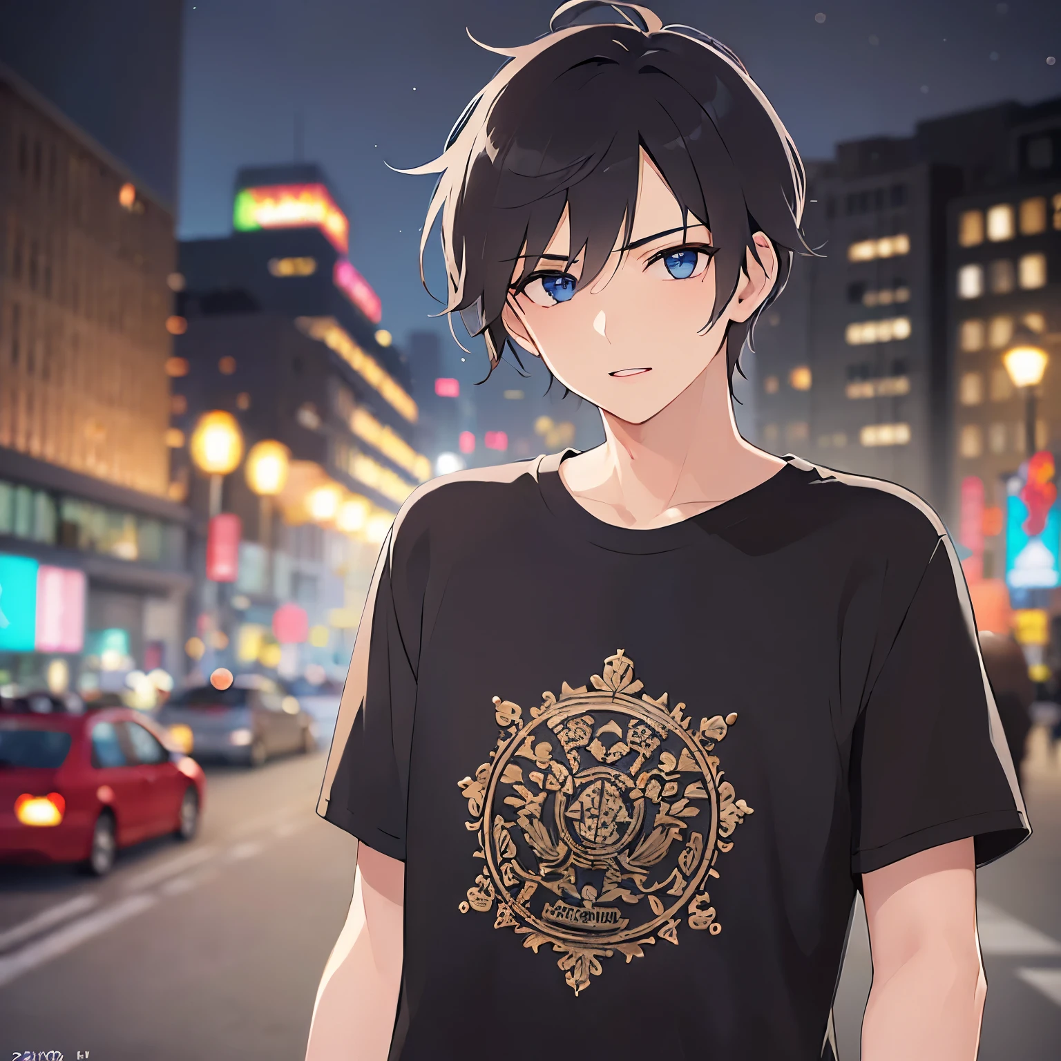 (25-year-old male:1.5) and (Black short hair) and (blue eyes)
(black) and (T-Shirts),(looking at viewer:1.5),upper body,
shiny skin, masterpiece、Highest quality、,serious、blush,
(Night Park:1.5)、(Night Sky:1.5)、grass、