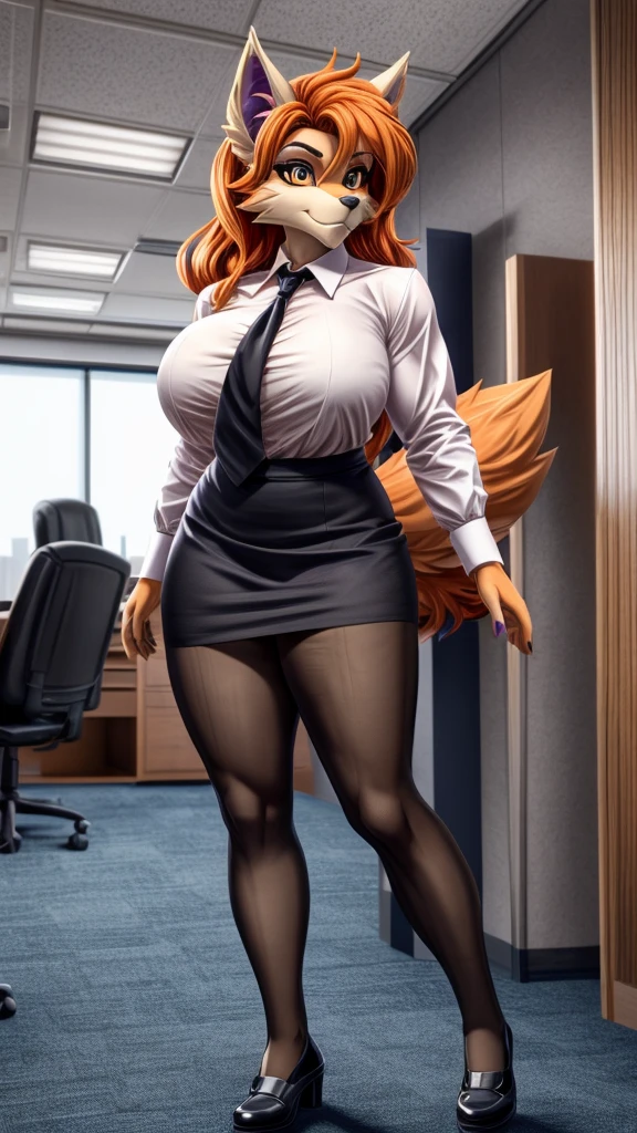 Skye from Paw Patrol, as a female werewolf, anthro, mature adult, muscular, tomboy, tall, big breasts, thicc thighs, fluffy flowy long orange hair, magenta iris, white shirt black tie, black skirt with pantyhose, black shoes, office, standing, solo, beautiful, high quality, anime style, 4K