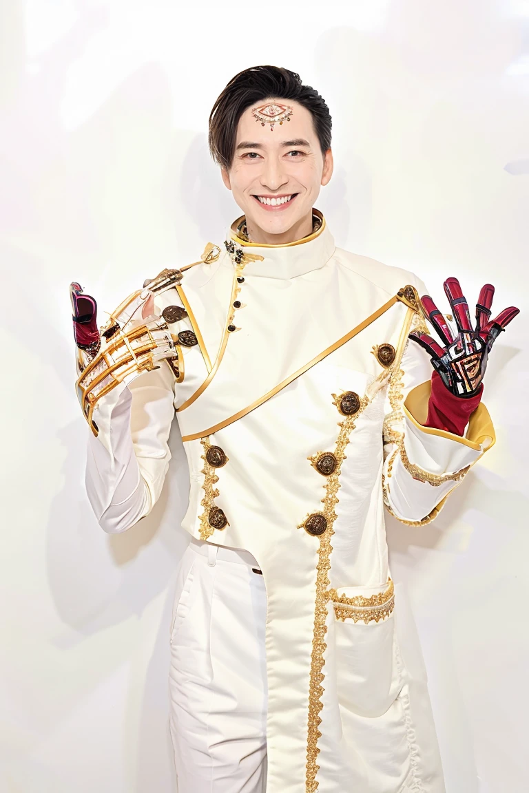 (masterpiece, best quality:1.2), 1boy, solo, face marks, gloves, white suit, white pants, spiderweb in the background, smile,