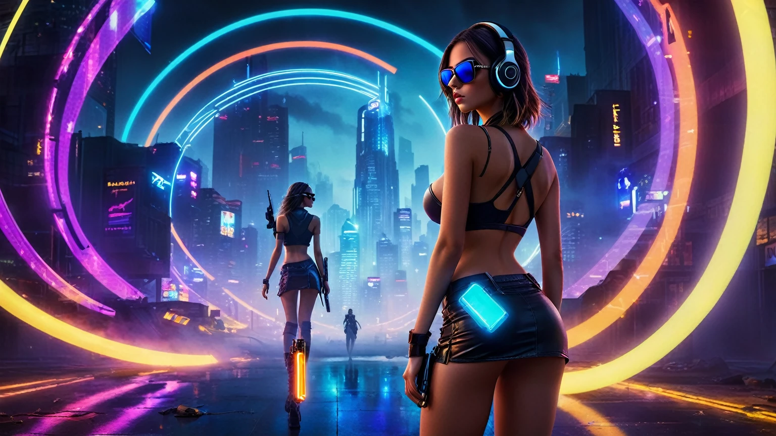 masterpiece, best quality, high resolution, 8k, (Portrait Photos:1.5), (R Original Photo), real picture, Digital Photography, (A fusion of cyberpunk and fantasy), 20 year old slim girl, solo, (((black sunglasses, headphone))), Feel free to hairstyle, Purple Eyes, By Bangs, (large breasts, cleavage, Accessories, Elegant and charming, Combination of cyberpunk and fantasy style clothing, Hollow carving design, Photo poses, Realistic style, (((((((pistol shooting pose))))))), oc render reflection texture, sentry, (((((aerial view of Cyberpunk style future city, giant (((Chinese Terracotta Warrior))) shaped buildings))))), night, Bustling streets, (((((half-body (thigh level) medium shot))))).