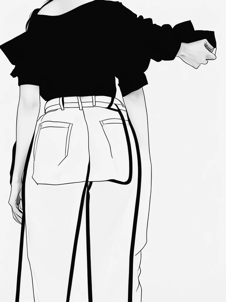 Black and white sketch,A person with messy hair,Hold the phone in your right hand,Lift your head and look up,White shirt,Black pants,The view is from behind the character,Looking up