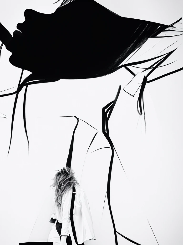 Black and white sketch,A person with messy hair,Hold the phone in your right hand,Lift your head and look up,White shirt,Black pants,The view is from behind the character,Looking up