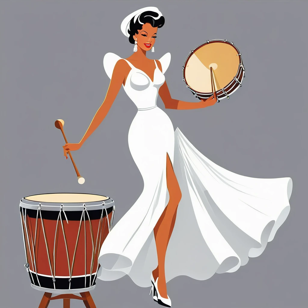 rafed woman in white dress playing a drum on grey background, inspired Tex Avery, Retro illustration, drum, In the style of digital illustration, Flat Vector Art, jazz, 1950s illustration style, stylized digital illustration, Manga style illustration, Tex Avery, Pinup Poster Girl, Vector style drawing, Vector Art Style, Elegant woman