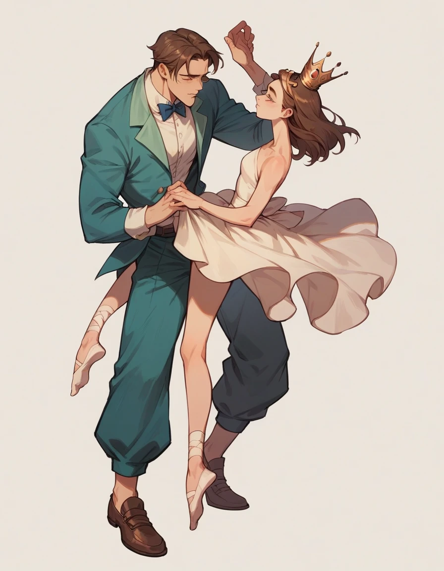 A ballerina saluting a man, She has her head down and holding her skirt (she is white straight brown hair) the man has a crown on his head, prince's white clothes and his back is to the painting, In his right hand he has a sword that he holds high and in his hand there is a hole in the center. Between him and the girl there are dead monsters on the floor. They are in a field with green grass and mountains in the background.