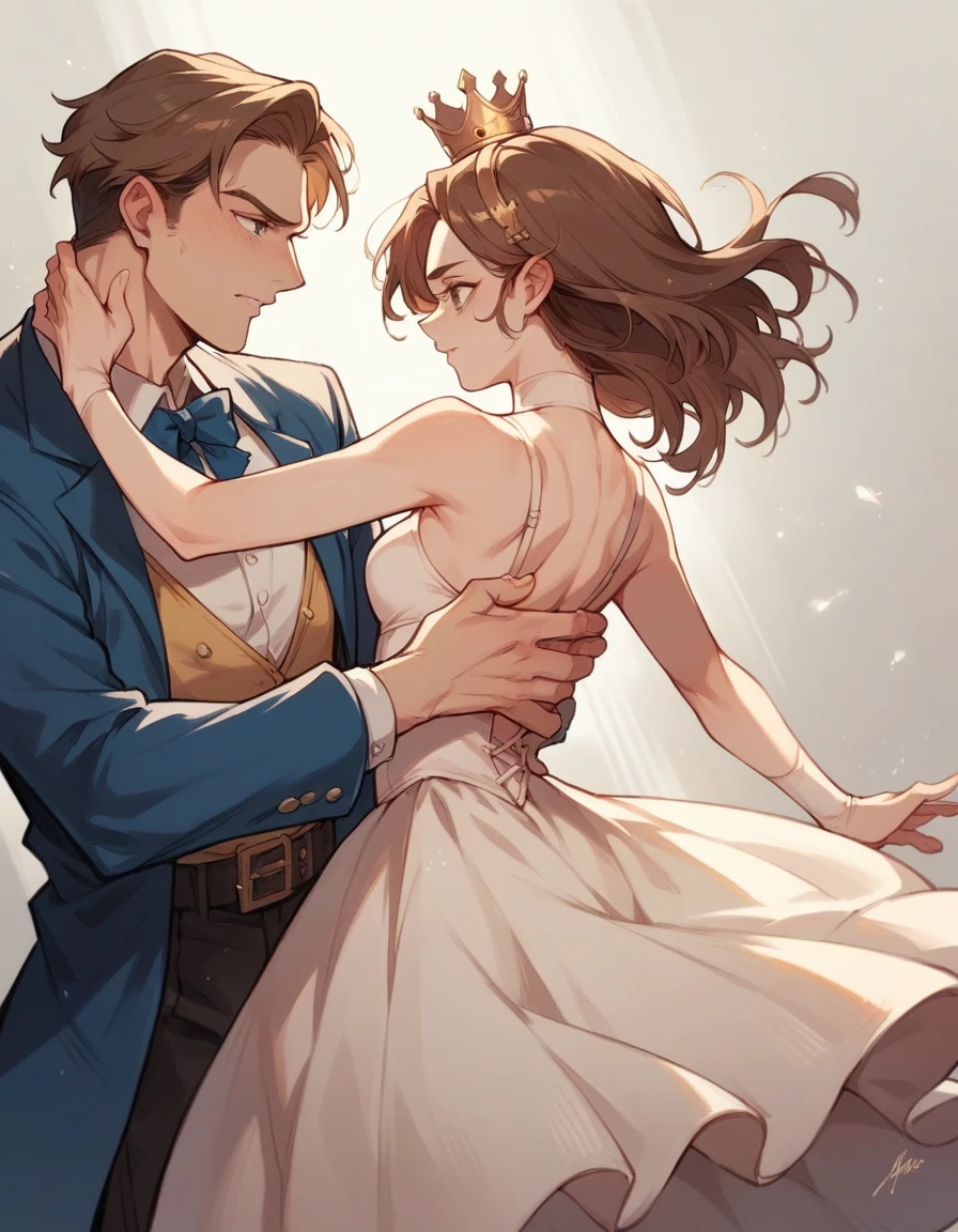 A ballerina saluting a man, She has her head down and holding her skirt (she is white straight brown hair) the man has a crown on his head, prince&#39;s white clothes and his back is to the painting, In his right hand he has a sword that he holds high and in his hand there is a hole in the center. Between him and the girl there are dead monsters on the floor. They are in a field with green grass and mountains in the background.