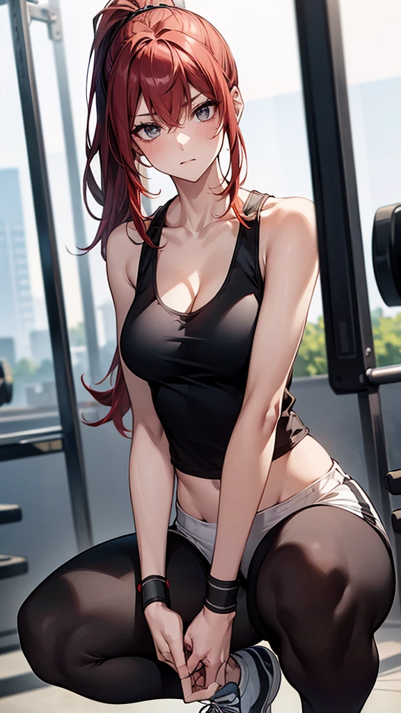 {{masterpiece}}, {{{best quality}}},{{ultra-detailed}}, {{illustration}},{{tall stature}},{{adult women}},,Small breasts,Slender,Flared Shorts,{{Squatting on the ground}},((Leggings with integrated shorts)),((Black leggings)) Fitness Instructor　Red hair ponytail　((White tank top))　Place your hands on your knees　Wristband　,1 female,alone,　Fitness Gym 　Cleavage