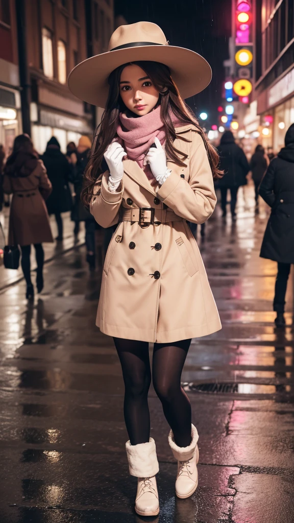 1girl with long brown hair wearing a fully buttoned up and belted buckle beige trench coat with a large pink winter wool scarf and white gloves at the hard windy rainy night city street full body 8k