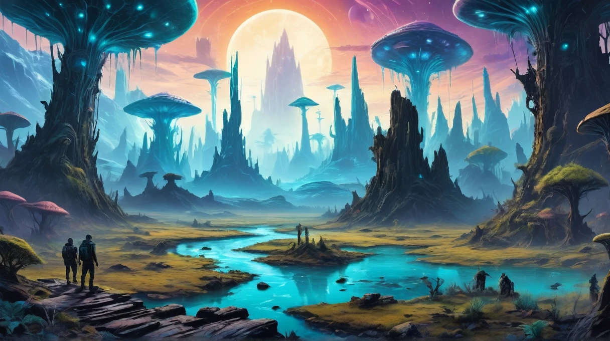 The ruins of an alien civilization, Ancient petrified forests frozen in time in the background, bioluminiscent, TshirtDesignAF, inkpunk style