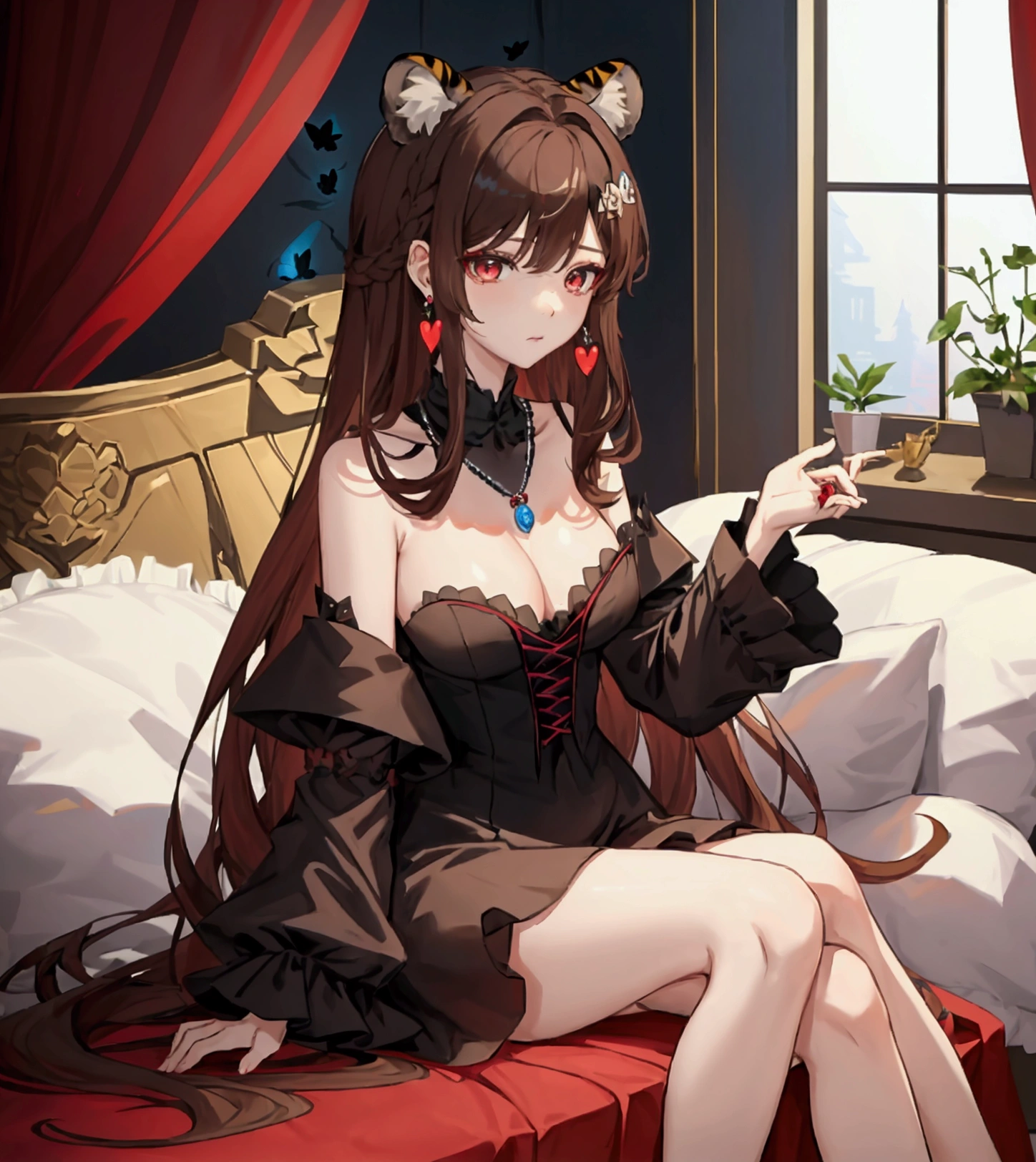 ((최고의 품질)), ((걸작)), (상세한), 여자 1명, 브라운 컬러 헤어 , Create an anime-style digital artwork of a character with long, sleek light brown hair and bright red eyes. The character is wearing a black dress, and accessories include a blue butterfly pendant necklace and a red heart-shaped hairpin. The character also has tiger ears and a tiger tail with brown and black stripes. The setting is a grand feast, with the character sitting and about to eat.