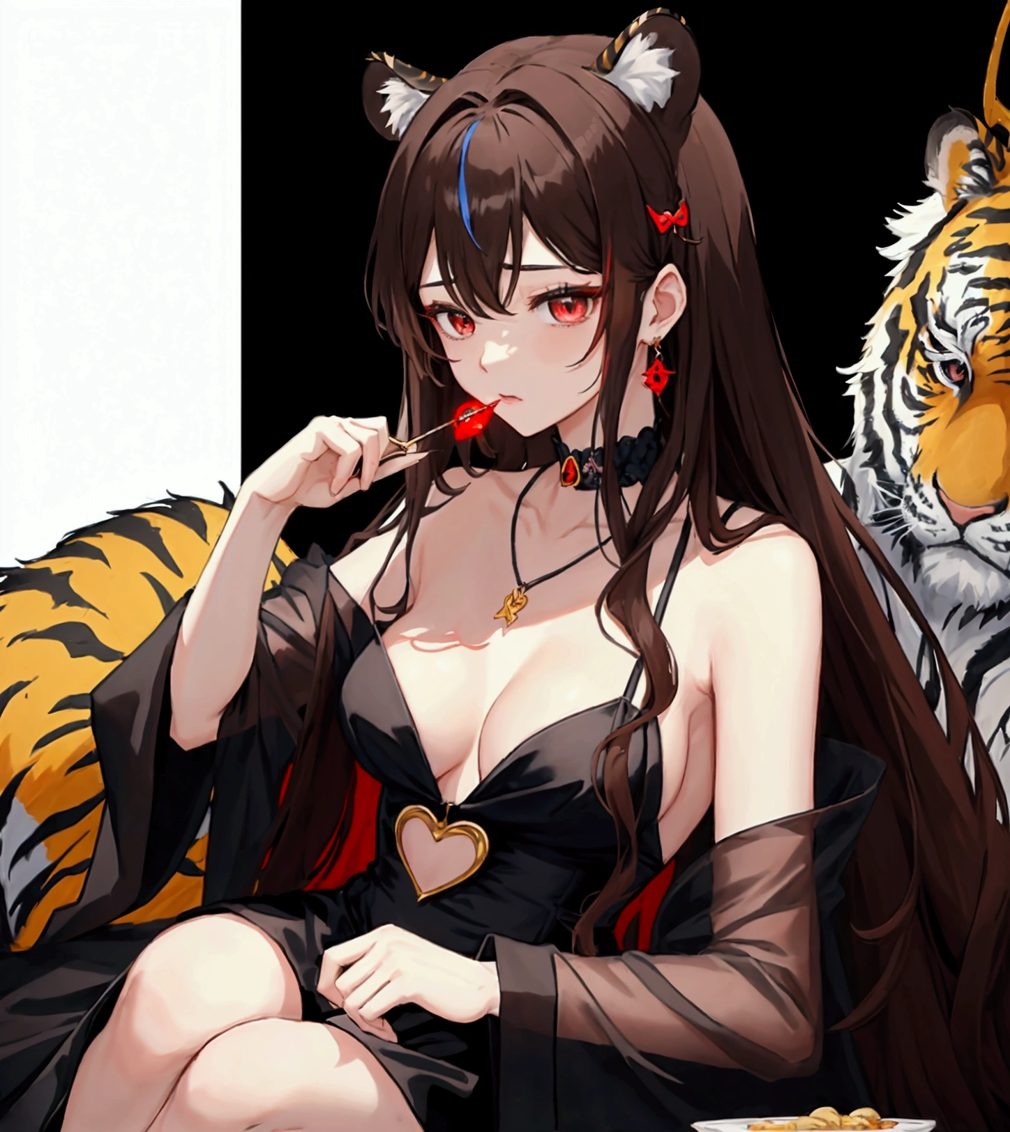 ((최고의 품질)), ((걸작)), (상세한), 여자 1명, 브라운 컬러 헤어 , Create an anime-style digital artwork of a character with long, sleek light brown hair and bright red eyes. The character is wearing a black dress, and accessories include a blue butterfly pendant necklace and a red heart-shaped hairpin. The character also has tiger ears and a tiger tail with brown and black stripes. The setting is a grand feast, with the character sitting and about to eat.