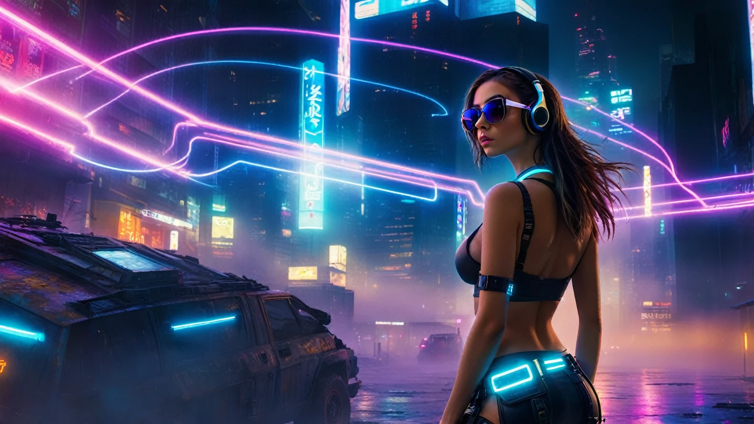 dark futuristic landscape, at night, neon lights, Atmospheric fog, large buildings in the background, futuristic city, streets with open shops, skyscraper (postapocalyptic city:1.3). (((1girl, solo, alone))), large-breast:1.2 slim body, cleavage:1.1, sexy miniskirt, (((headphone, black sunglasses, standing and holding pistol pose))), (((half-body thigh level medium shot))), cinematic lighting, lens flare, ray tracing.