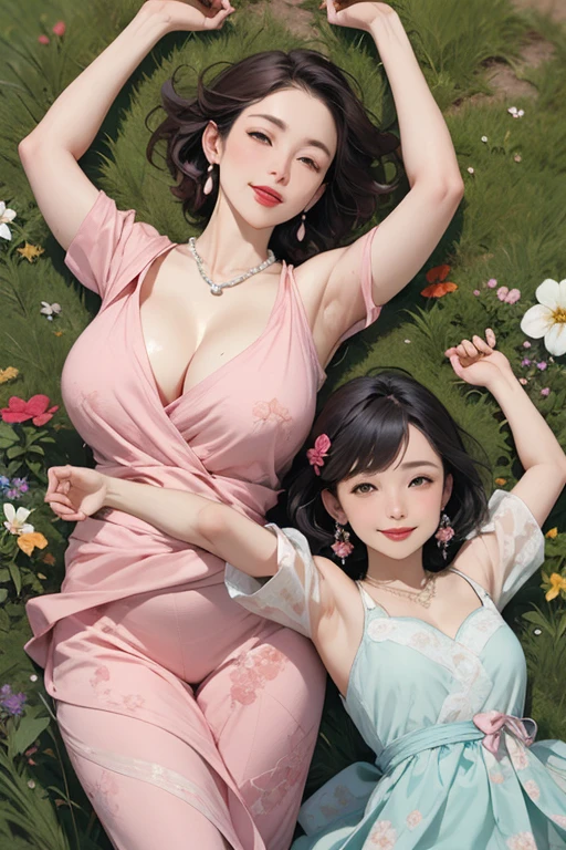Beautiful mature Japanese woman aged 55, Long eyelashes, Super Short Hair, Red lipstick, Pink Cheeks, Pearl Necklace, Earrings, Dark eyeshadow, Beautiful smile, Large Breasts, Cleavage, Floral Dress, Lying in the steppe, Green Grass, Sleep on your back, stretching arms upwards