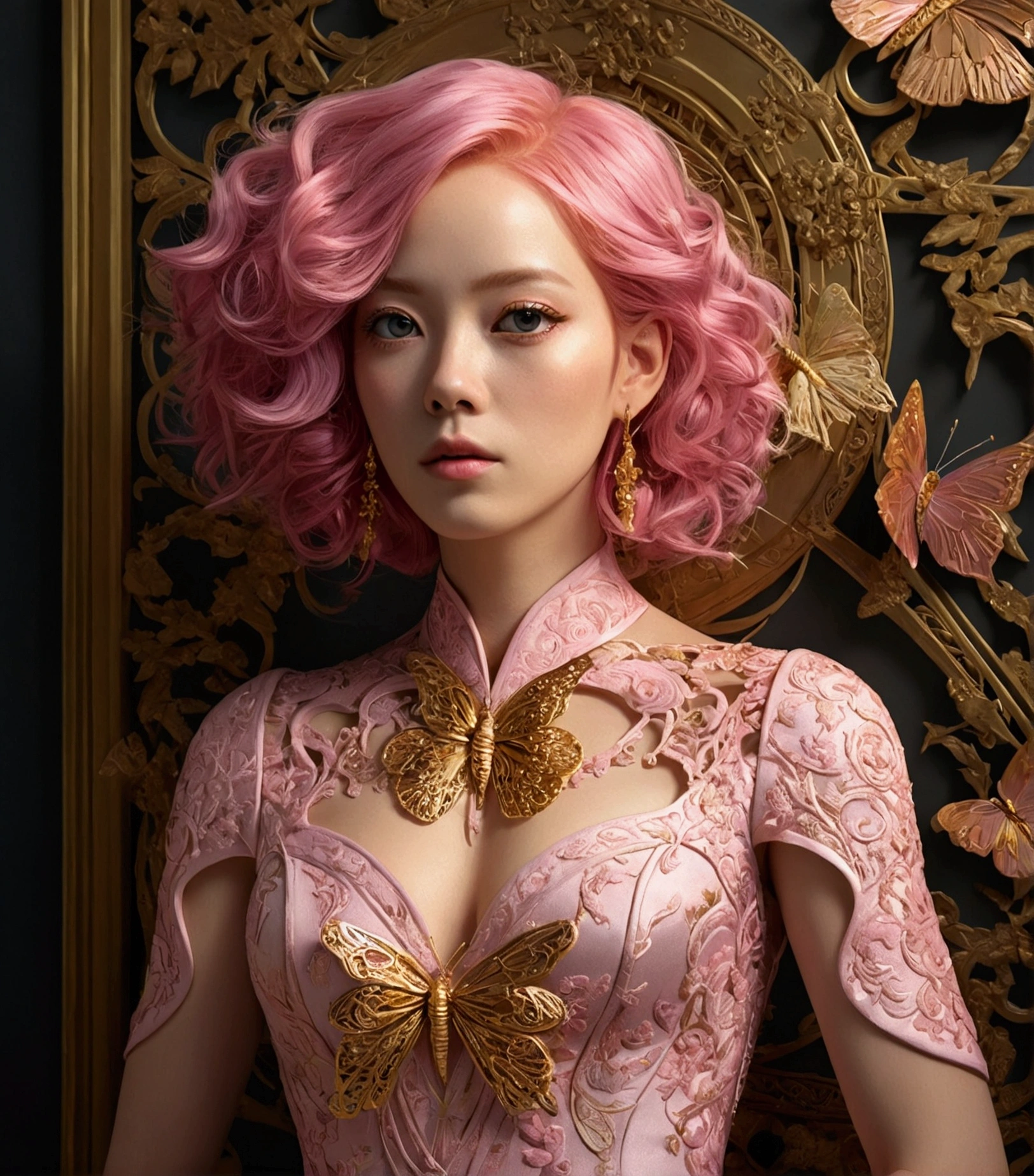A woman with beautiful pink hair in a dress,whole body, 8K Portrait, Complex, elegant, Very detailed, Majestic, Digital photography, ArtJam、Luan Jia、Surreal paintings by Greg Rutkowski、Golden butterfly filigree, (masterpiece, Side light, Beautiful, detailed eyes: 1.2), High resolution,