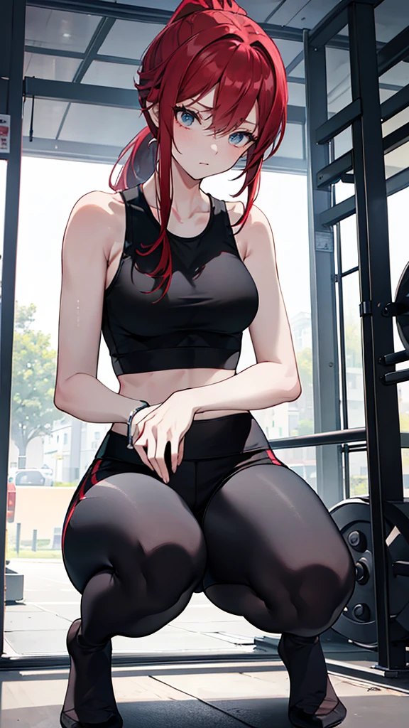 {{masterpiece}}, {{{best quality}}},{{ultra-detailed}}, {{illustration}},{{tall stature}},{{adult women}},,Small breasts,Slender,Flared Shorts,{{Squatting on the ground}},((Leggings with integrated shorts)),((Black leggings)) Fitness Instructor　Red hair ponytail　((White tank top))　Place your hands on your knees　Wristband　,1 female,alone,　Fitness Gym 　Cleavage