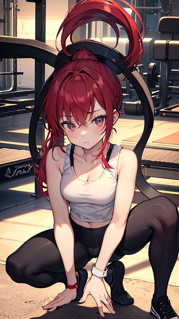 {{masterpiece}}, {{{best quality}}},{{ultra-detailed}}, {{illustration}},{{tall stature}},{{adult women}},((Shorts and leggings)),Small breasts,Slender,Flared Shorts,{{Squatting on the ground}},((Leggings with integrated shorts)), Fitness Instructor Red hair ponytail ((White tank top)) Place your hands on your knees Wristband ,1 female,alone, Fitness Gym Cleavage