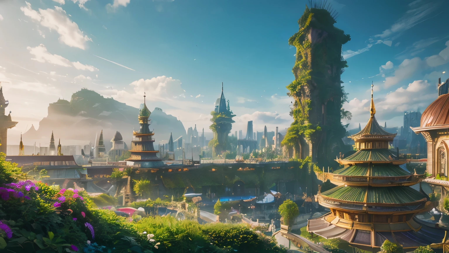(Realistic, Photorealistic:1.4), (8k, best quality, masterpiece:1.2), best quality, fantasy, Sky City, Hanging Garden,