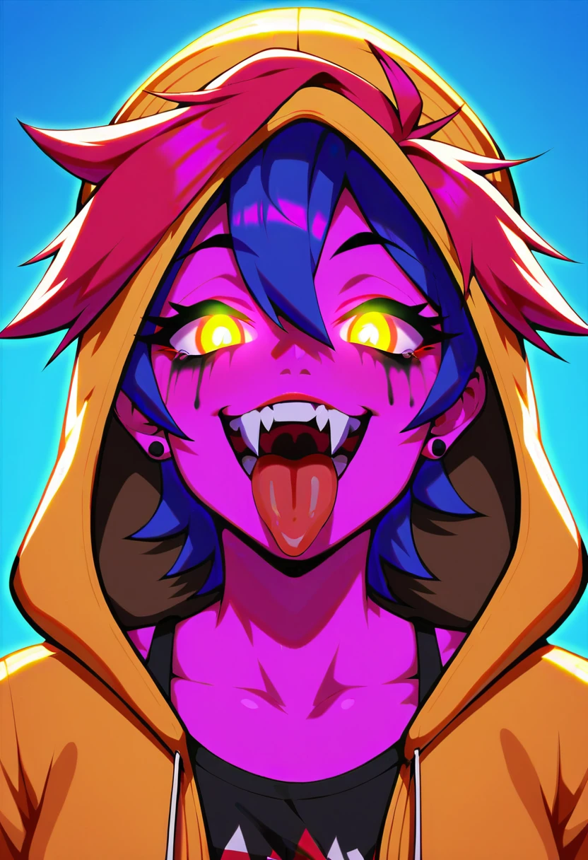 (NSFW, Screen print:1.3) from below, dramatic, psychophonky, psychotic, crazy smile, glowing eyes, fangs, tongue sticking out constricted pupils, small pupils