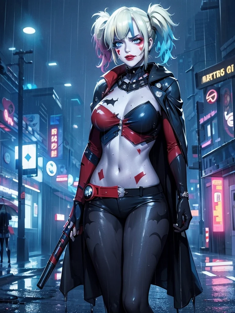 Harley Quinn, dressed in the Batman complete suit, stands confidently on the rain-soaked streets of Gotham City at night. The dark, wet pavement glistens under the intense downpour, highlighting the intricate details of her Batsuit. Her expression is stern, masked gaze fixed forward. A long, black cape billows behind her, flapping in the wind as she stands firm against the torrential rain. Neon lights from nearby signs and buildings cast an eerie glow, illuminating the dark atmosphere. The rain-soaked streets stretch out before her, leading into the distance with a sense of depth and perspective. Harley's drenched appearance adds to the gritty, dystopian ambiance.