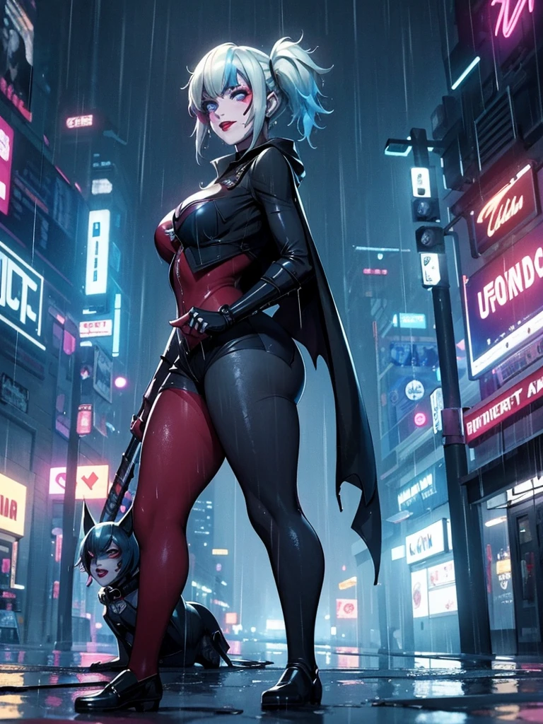 Harley Quinn, dressed in the Batman complete suit, stands confidently on the rain-soaked streets of Gotham City at night. The dark, wet pavement glistens under the intense downpour, highlighting the intricate details of her Batsuit. Her expression is stern, masked gaze fixed forward. A long, black cape billows behind her, flapping in the wind as she stands firm against the torrential rain. Neon lights from nearby signs and buildings cast an eerie glow, illuminating the dark atmosphere. The rain-soaked streets stretch out before her, leading into the distance with a sense of depth and perspective. Harley's drenched appearance adds to the gritty, dystopian ambiance.