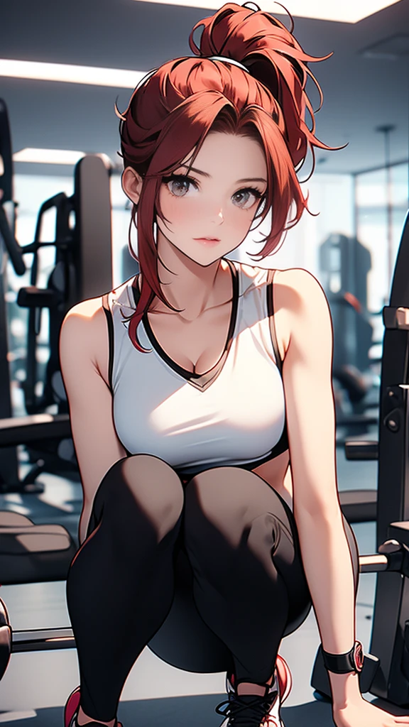 {{masterpiece}}, {{{best quality}}},{{ultra-detailed}}, {{illustration}},{{tall stature}},{{adult women}},,Small breasts,Slender,Flared Shorts,{{Squatting on the ground}},((Leggings with integrated shorts)),((Black leggings)) Fitness Instructor Red hair ponytail ((White tank top)) Place your hands on your knees Wristband ,1 female,alone, Fitness Gym Cleavage