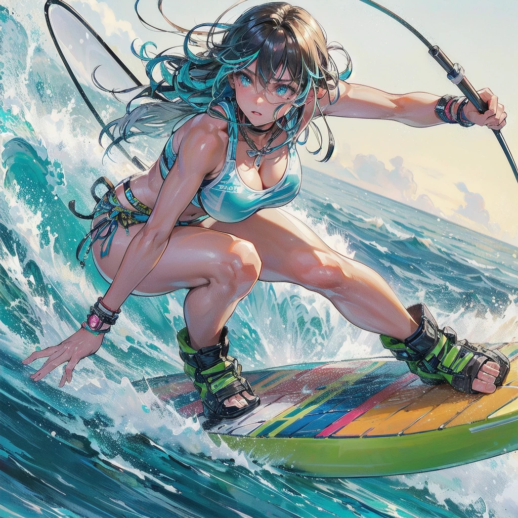 masterpiece, (textured skin), best quality, gorgeous beautiful girl, (a female surfing athlete), detailed clothes,large breasts,narrow waist,, (beautiful face), cinematic lighting, (at surfing venue ),