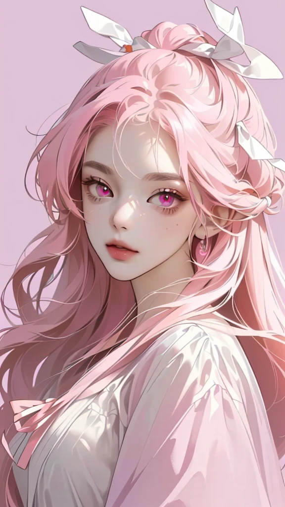 High resolution, Simple Background, Highest quality, accurate, masterpiece, High-resolution model, High detail, Ultra high definition, Colorful Hair, Pink eyes, ribbon hair accessories, Character Design,