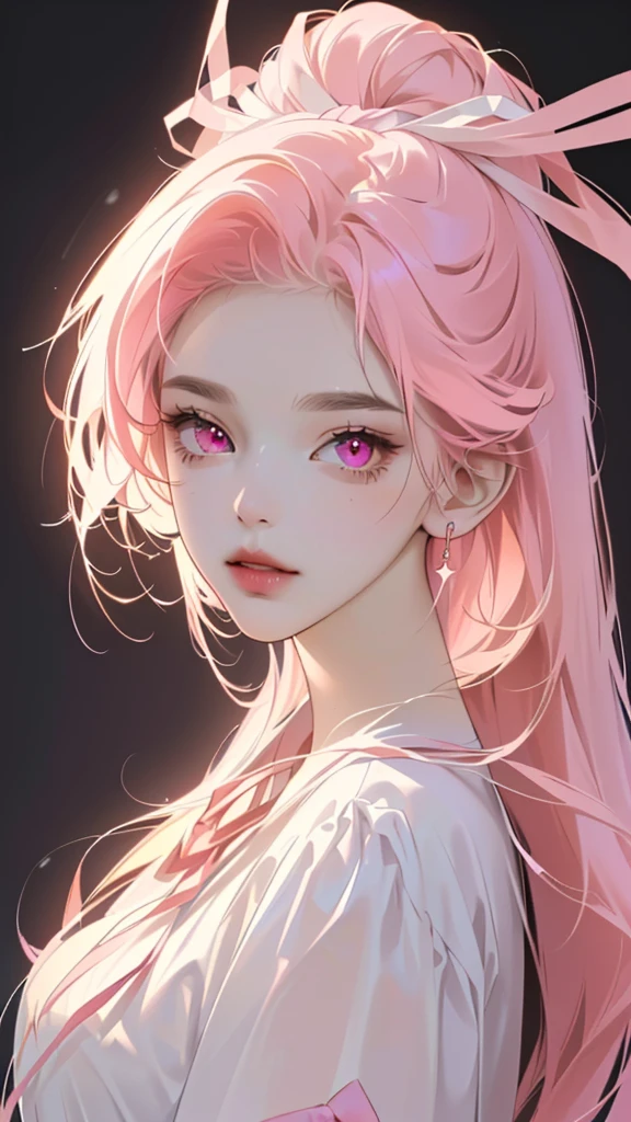 High resolution, Simple Background, Highest quality, accurate, masterpiece, High-resolution model, High detail, Ultra high definition, Colorful Hair, Pink eyes, ribbon hair accessories, Character Design,