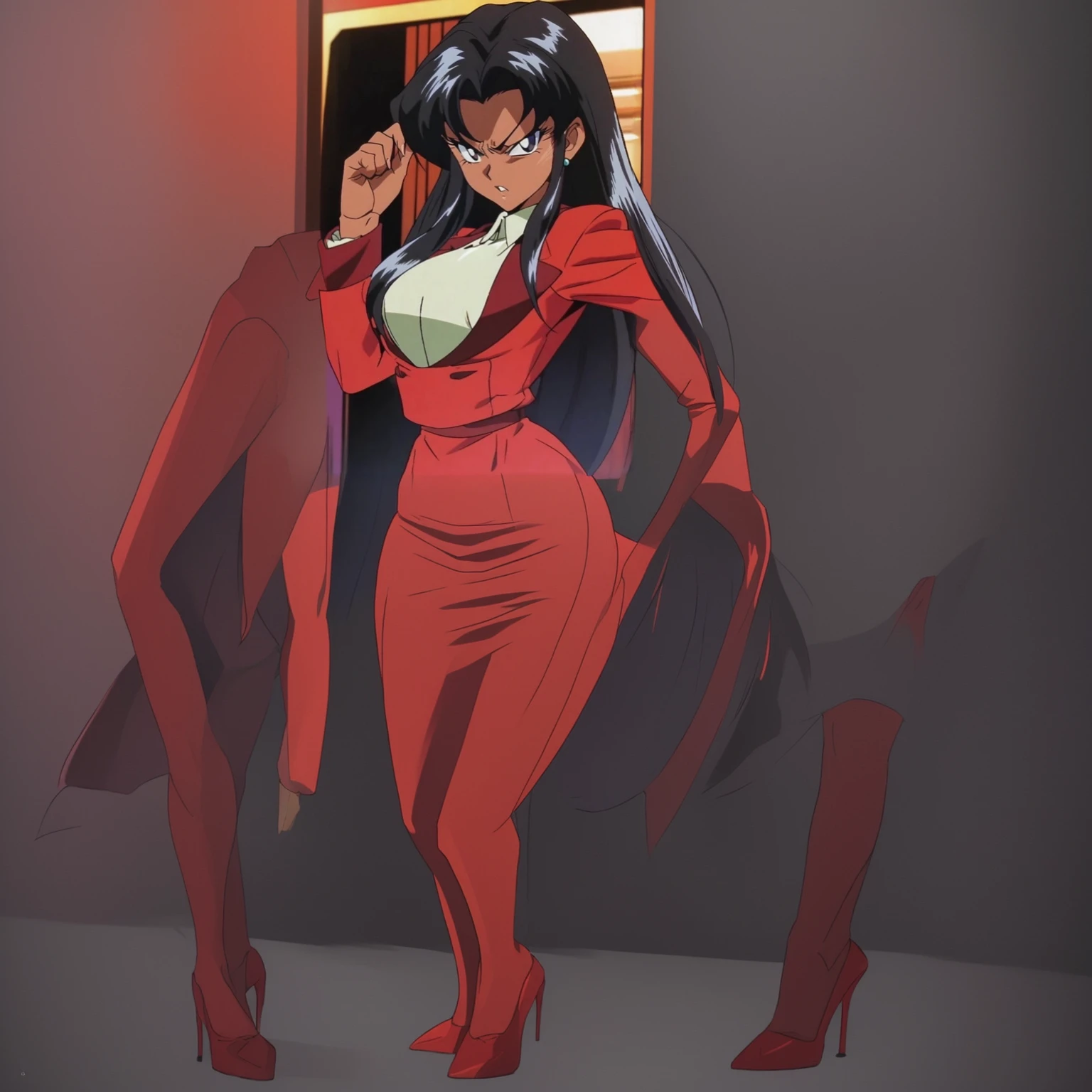 90s anime Evil black skinned business woman in a red suit and  red skirt and red heels and long red sleeves 