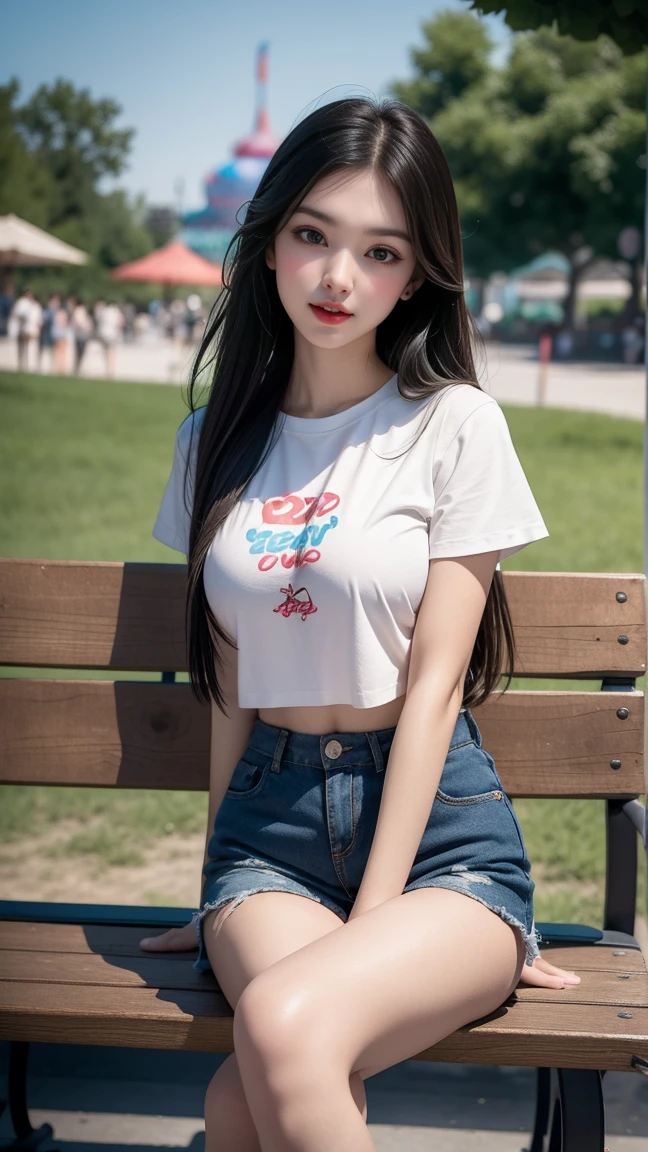 Solo, long_hair, Nanase Nishino, Haruka Kaki, Summer, Fountain,((t-shirt)), Shorts, (8K, RAW Photography, Best Quality, Masterpiece:1.2), (Realistic, Photorealistic:1.37), Professional Lighting, Photon Mapping, Radiosity, Physically Based Rendering, ((large boobs)),arms behind back