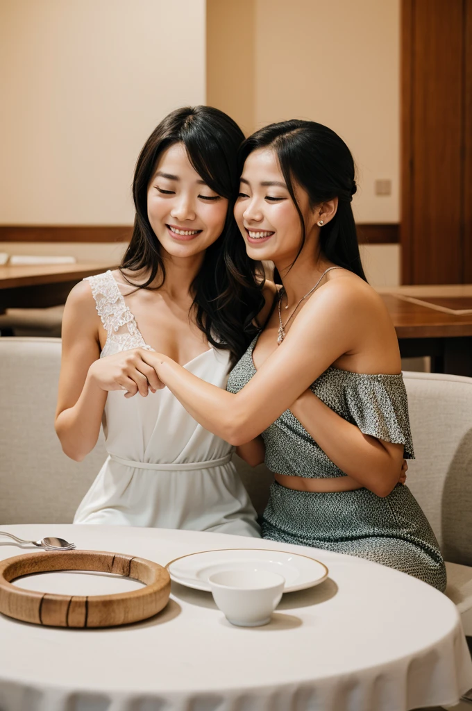 A couple sharing a joyful moment, wedding rings intertwined, or a romantic dinner setup.