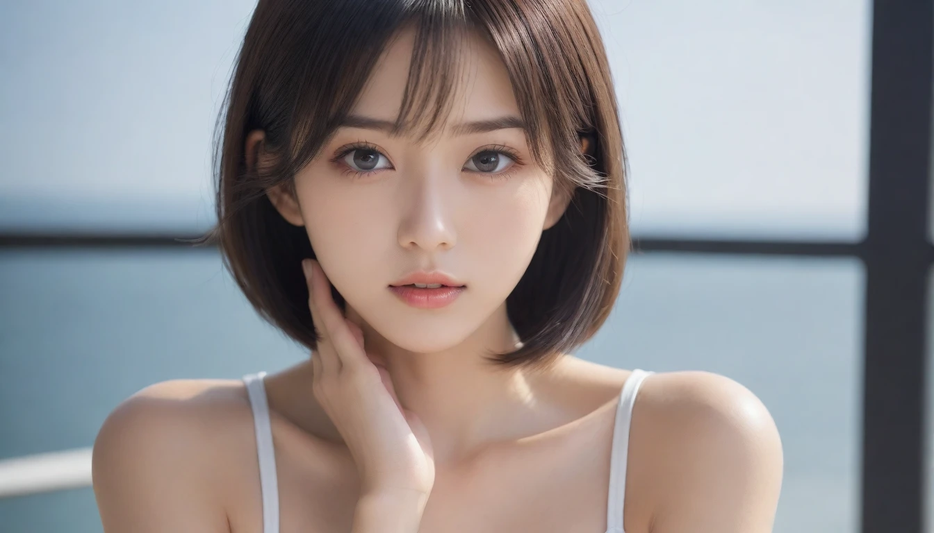 8k, Ultra-high resolution, Highest quality, masterpiece, 三分割法によるphotograph,Surreal, photograph, 1 Girl, (:1.3), pretty girl, Cute Face, Beautiful eyes in every detail, 細かくdetailedに,masterpiece,One Girl:1.2, Japan Female Announcer,extream close up,glaring,Black Hair,Messy hair,Hair over one eye,Station platform,風景photograph,Clean and modest clothing,Natural Makeup,Realistic Skin, Perfect and beautiful face ,完璧でCute Face, Skin with attention to detail, Perfect limbs、Narrow waist、Thin legs),Looking at the audience、beauty,Long neck、(((Ideal body type))),A cup small breasts :2,Portraiture:2,Perfect Anatomy,鮮明なdetailed,detailed,Surreal,Light and shadow,dappled sunlight