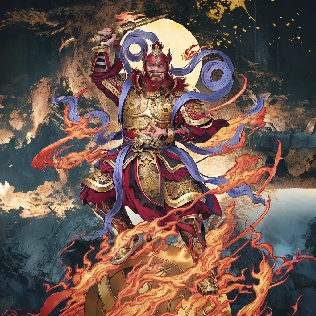 red hair male Chinese warrior (3 eyes) asura look, ancient Chinese armour, surrounded by fire, sending on a huge wheel, holding a metal whip weapon (sword), purple deity ribbon, fierce look, 