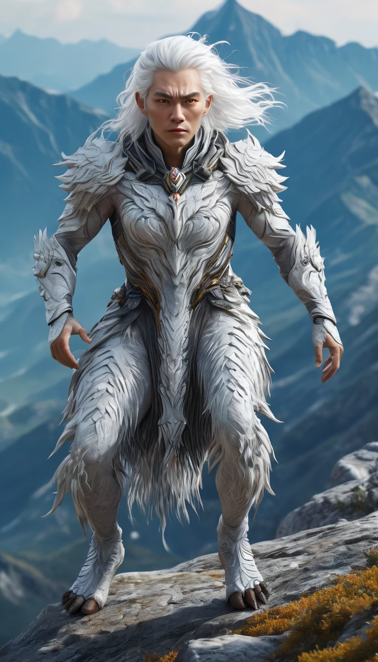 There is a creature on the mountain,human face,White hair,three legs(best quality,4K,8k,High level,masterpiece:1.2),Ultra Detailed,(lifelike,Photo real,Photo real:1.37),Highly detailed animals,Complex patterns,Realistic lighting,Fantasy Creatures