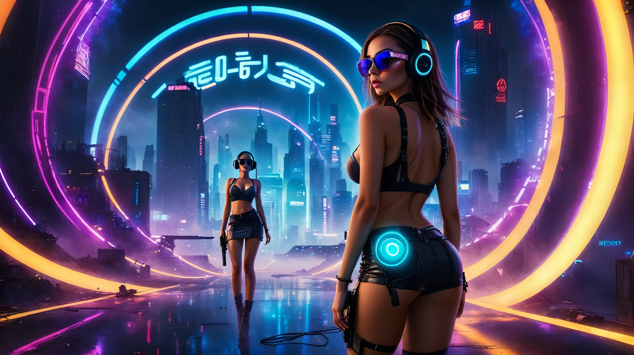 dark futuristic landscape, at night, neon lights, Atmospheric fog, large buildings in the background, futuristic city, streets with open shops, skyscraper (postapocalyptic city:1.3). (((1girl, solo, alone))), large-breast:1.2 slim body, cleavage:1.1, sexy miniskirt, (((headphone, black sunglasses, standing and holding pistol pose))), (((half-body thigh level medium shot))), cinematic lighting, lens flare, ray tracing.