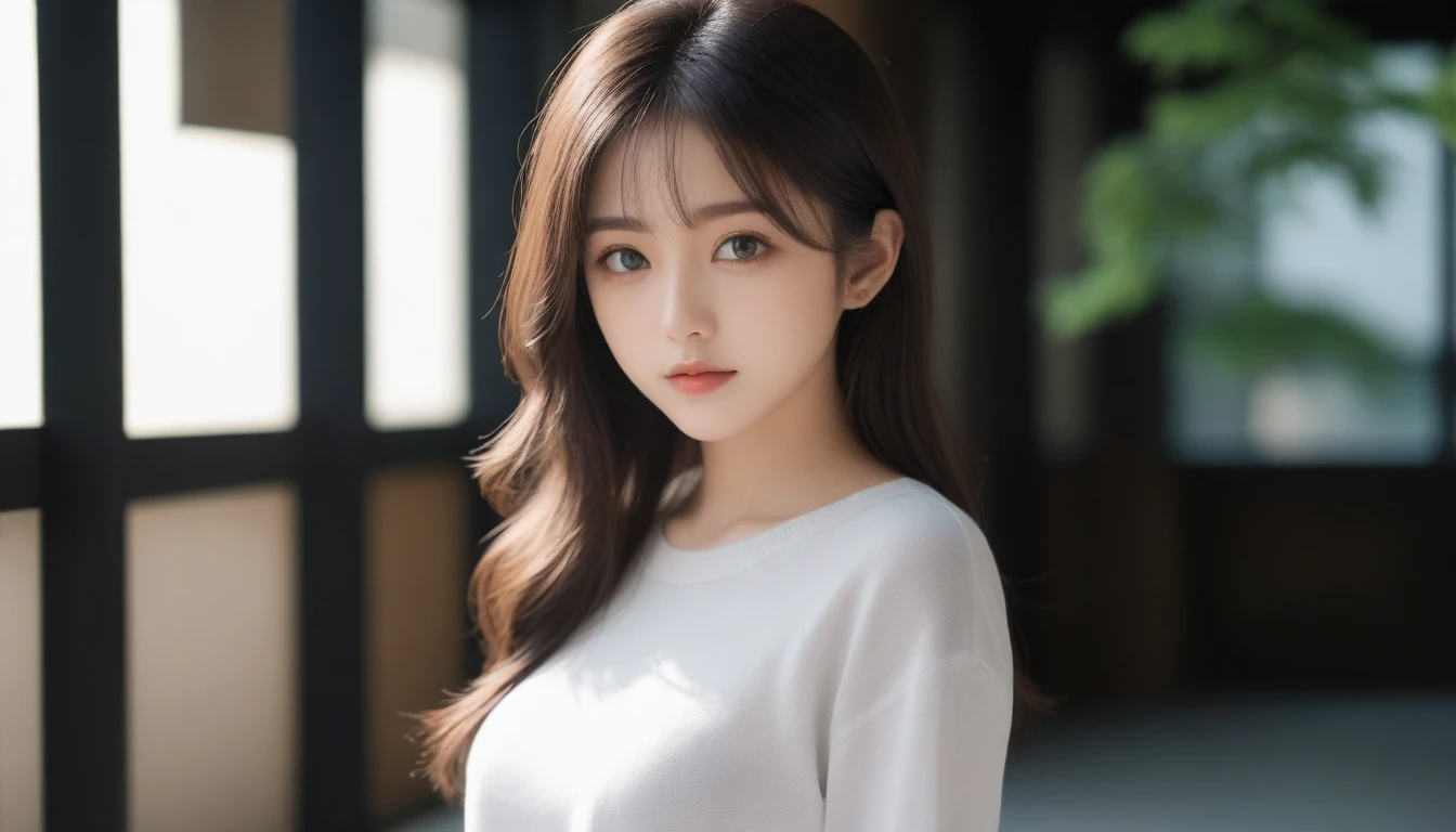 8k, Ultra-high resolution, Highest quality, masterpiece, 三分割法によるphotograph,Surreal, photograph, 1 Girl, (16 years old:1.3), pretty girl, Cute Face, Beautiful eyes in every detail, 細かくdetailedに,masterpiece,One Girl:1.2, Japan Female Announcer,extream close up,glaring,Black Hair,Messy hair,Hair over one eye,Station platform,風景photograph,Clean and modest clothing,Natural Makeup,Realistic Skin, Perfect and beautiful face ,完璧でCute Face, Skin with attention to detail, Perfect limbs、Narrow waist、Thin legs),Looking at the audience、beauty,Long neck、(((Ideal body type))),A cup small breasts :2,Portraiture:2,Perfect ???????,鮮明なdetailed,detailed,Surreal,Light and shadow,dappled sunlight