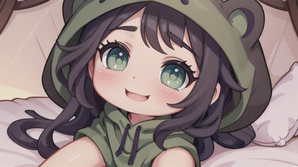beautiful, (masterpiece), best quality, (extremely detailed face), extremely detailed eyes,  perfect lighting, OverallDetail, detailed, deep skin,textured skin,
,bear costume ,black bear costume, long sleeves, hood up,,mallow , long hair, green eyes, big smile,on bed ,sitting between pillows,
,
