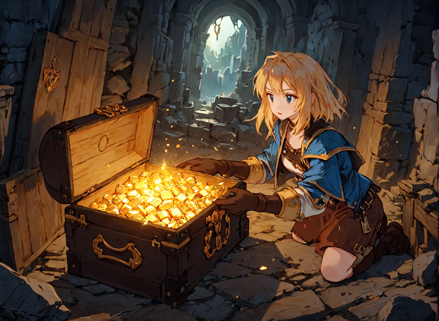 adventurers opening an old treasure chest full of gold and jewels in some dark ruins, (masterpiece), best quality, highres, 4k, 8k, intricate detail, cinematic lighting, amazing quality, amazing shading, soft lighting, Detailed Illustration, official artwork, anime style, wallpaper, official art