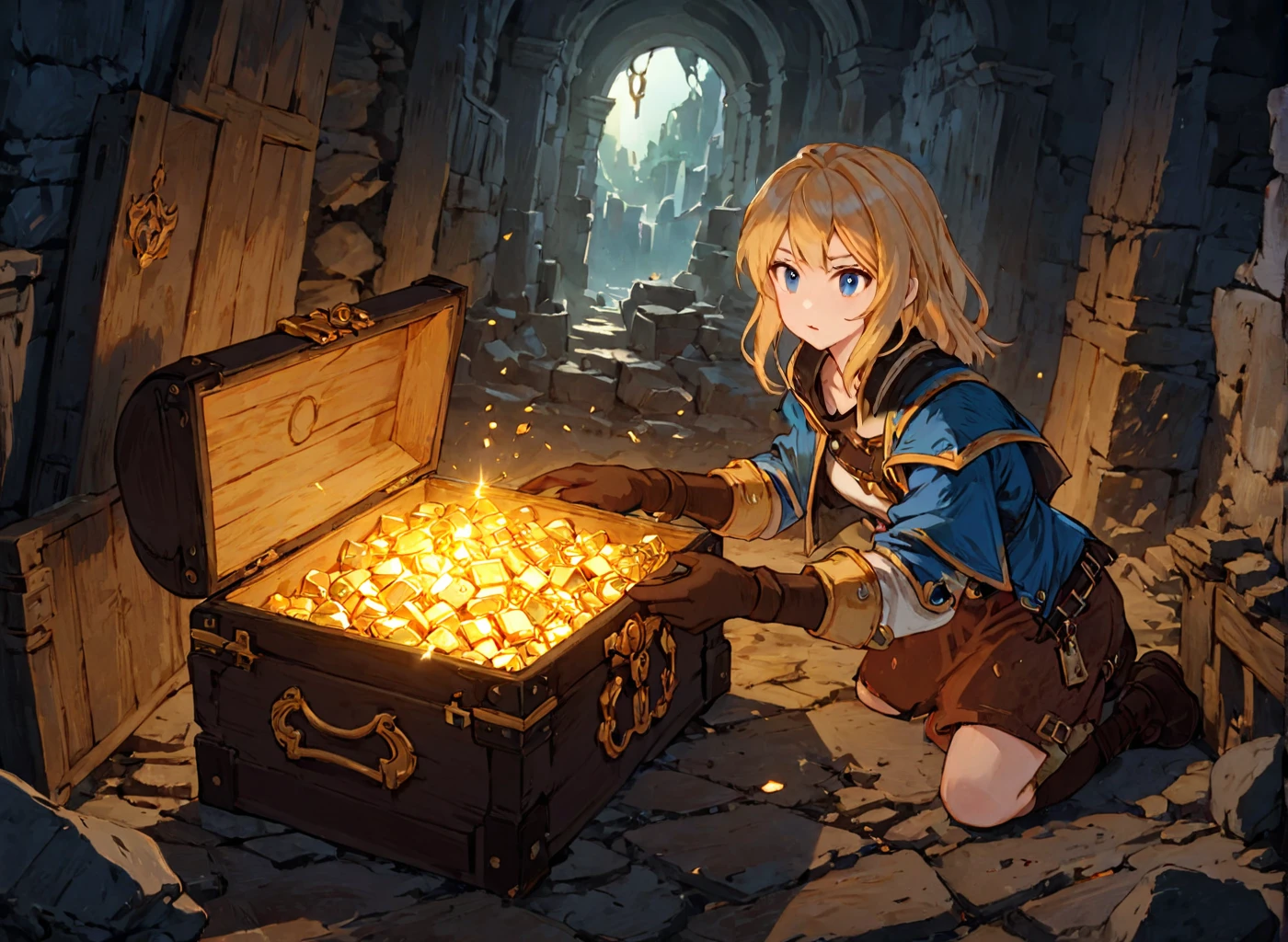 adventurers opening an old treasure chest full of gold and jewels in some dark ruins, (masterpiece), best quality, highres, 4k, 8k, intricate detail, cinematic lighting, amazing quality, amazing shading, soft lighting, Detailed Illustration, official artwork, anime style, wallpaper, official art