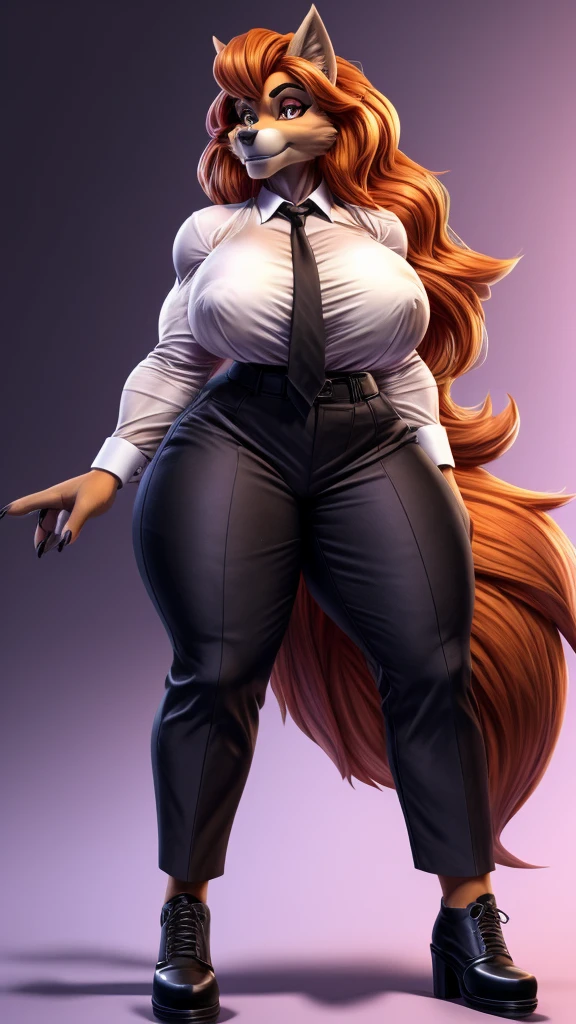 Skye from Paw Patrol, as a female werewolf, anthro, mature adult, muscular, tall, big breasts, thicc thighs, fluffy flowy long orange hair, magenta iris, white shirt with black tie, black pants, black shoes, standing, solo, beautiful, high quality, clear background, 4K