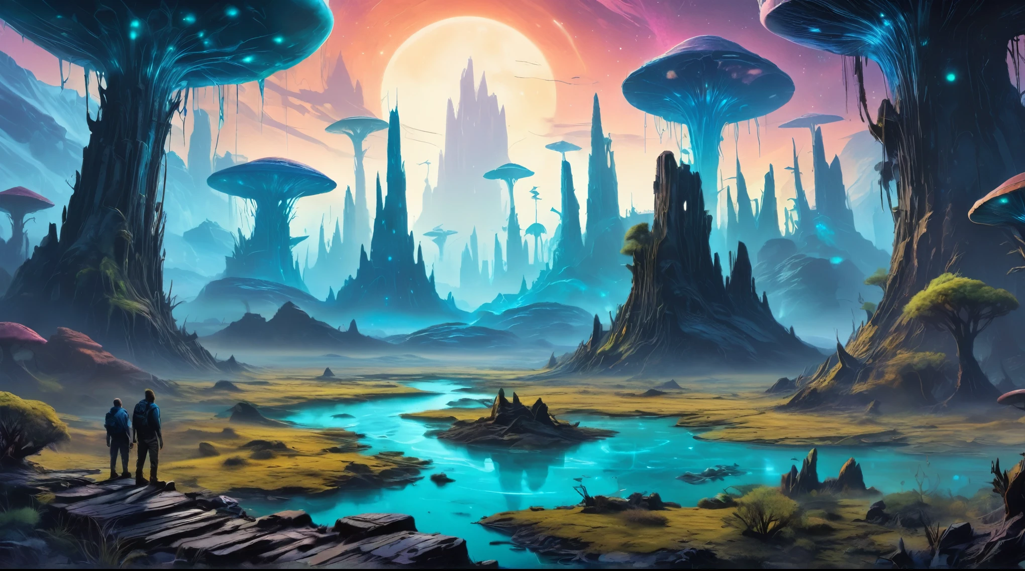 The ruins of an alien civilization, Ancient petrified forests frozen in time in the background, bioluminiscent, TshirtDesignAF, inkpunk style