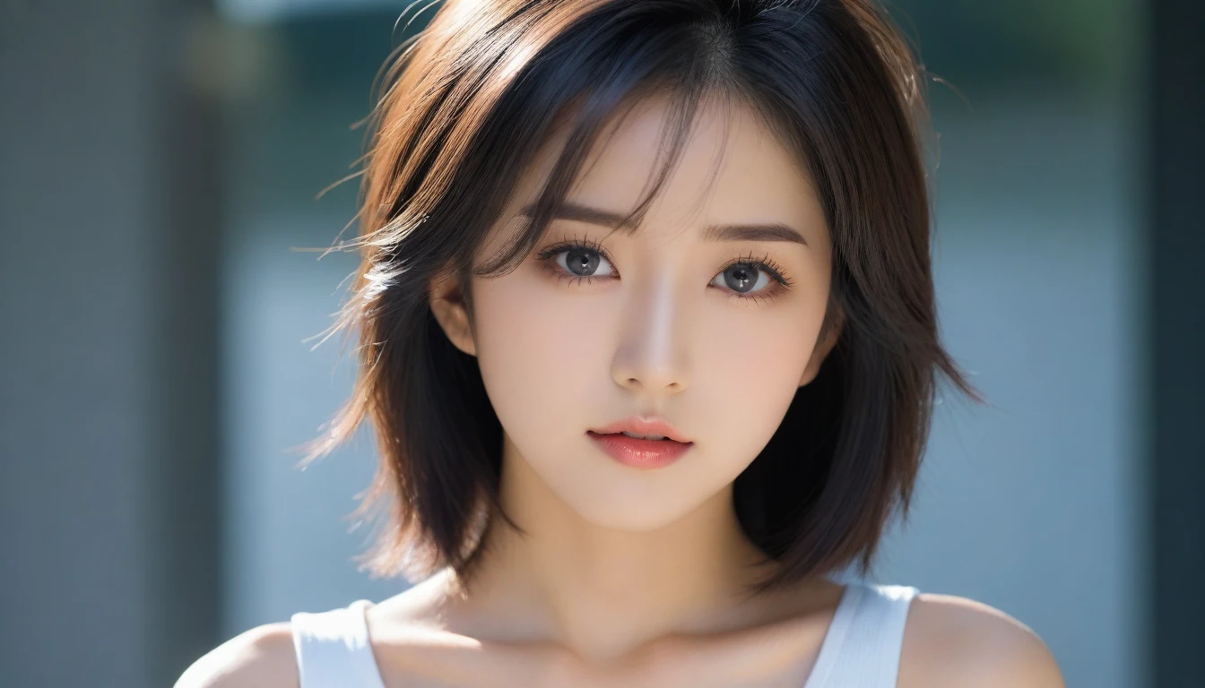 8k, Ultra-high resolution, Highest quality, masterpiece, 三分割法によるphotograph,Surreal, photograph, 1 Girl, (16 years old:1.3), pretty girl, Cute Face, Beautiful eyes in every detail, 細かくdetailedに,masterpiece,One Girl:1.2, Japan Female Announcer,extream close up,glaring,Black Hair,Messy hair,Hair over one eye,Station platform,風景photograph,Clean and modest clothing,Natural Makeup,Realistic Skin, Perfect and beautiful face ,完璧でCute Face, Skin with attention to detail, Perfect limbs、Narrow waist、Thin legs),Looking at the audience、beauty,Long neck、(((Ideal body type))),A cup small breasts :2,Portraiture:2,Perfect Anatomy,鮮明なdetailed,detailed,Surreal,Light and shadow,dappled sunlight