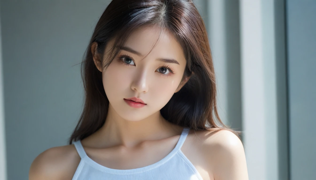 8k, Ultra-high resolution, Highest quality, masterpiece, 三分割法によるphotograph,Surreal, photograph, 1 Girl, (16 years old:1.3), pretty girl, Cute Face, Beautiful eyes in every detail, 細かくdetailedに,masterpiece,One Girl:1.2, Japan Female Announcer,extream close up,glaring,Black Hair,Messy hair,Hair over one eye,Station platform,風景photograph,Clean and modest clothing,Natural Makeup,Realistic Skin, Perfect and beautiful face ,完璧でCute Face, Skin with attention to detail, Perfect limbs、Narrow waist、Thin legs),Looking at the audience、beauty,Long neck、(((Ideal body type))),A cup small breasts :2,Portraiture:2,Perfect Anatomy,鮮明なdetailed,detailed,Surreal,Light and shadow,dappled sunlight