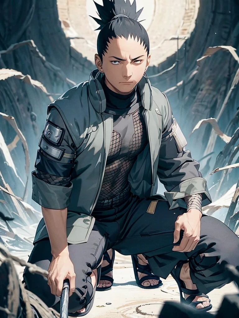 In the manga series "NARUTO" a man named "Sikamaru" with his trademark hairstyle tied back, is squatting on a tower and holding a long katana. The character wears a gray jacket with rolled up sleeves, a mesh undershirt, and dark pants. There are blue details on the jacket, including a circular Konaha symbol on the left sleeve. The shoes worn are similar to open-toed sandals. with 4k HDR quality, with a black shadow effect in the background that forms a large hand,