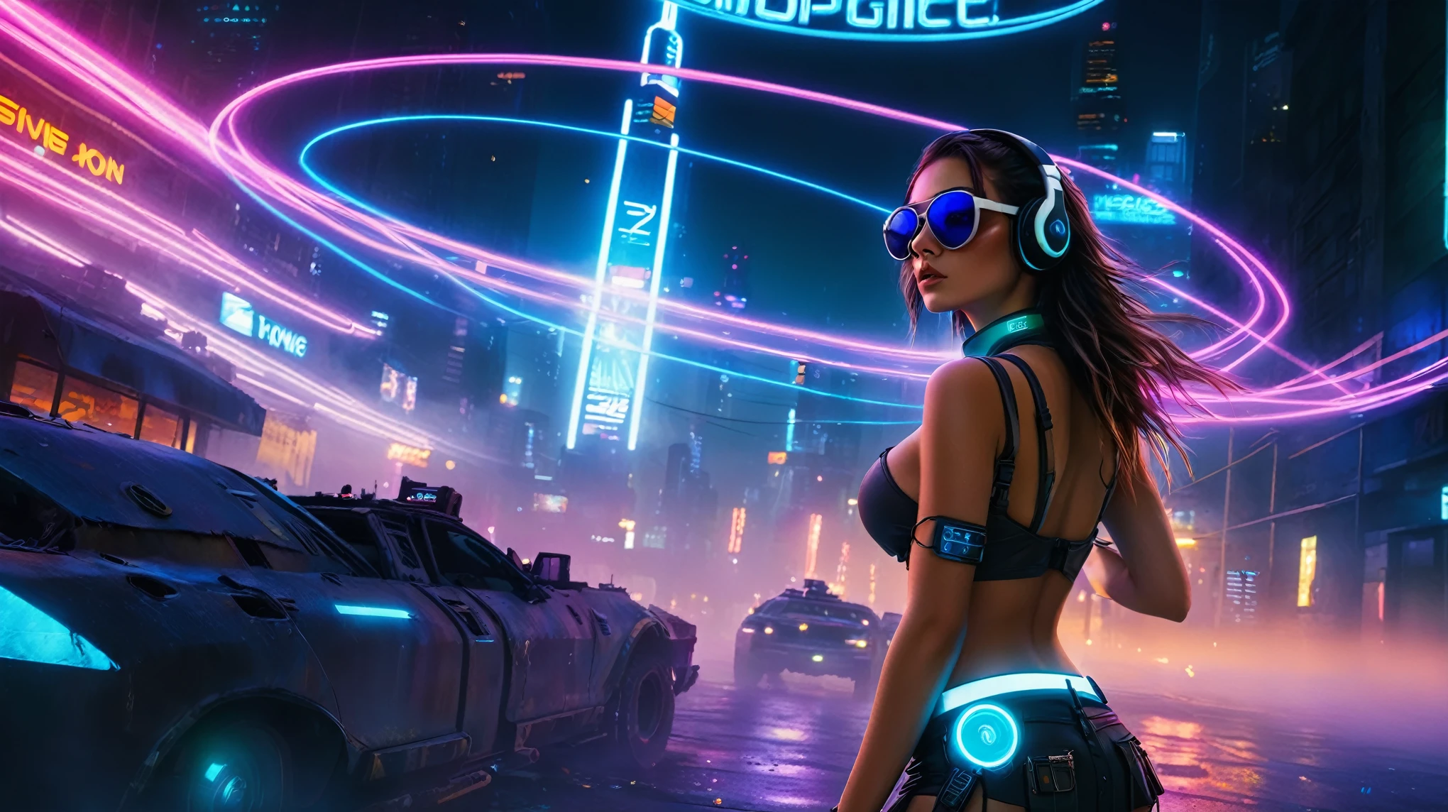 dark futuristic landscape, at night, neon lights, Atmospheric fog, large buildings in the background, futuristic city, streets with open shops, skyscraper (postapocalyptic city:1.3). (((1girl, solo, alone))), large-breast:1.2 slim body, cleavage:1.1, sexy miniskirt, (((headphone, black sunglasses, standing and holding pistol pose))), (((half-body thigh level medium shot))), cinematic lighting, lens flare, ray tracing.